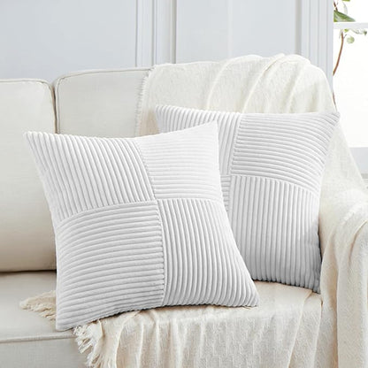 Fancy Homi 2 Packs Pure White Decorative Throw Pillow Covers 18x18 Inch for Living Room Couch Bed Sofa, Farmhouse Boho Home Decor, Soft Corss Corduroy Patchwork Textured Square Cushion Case 45x45 cm
