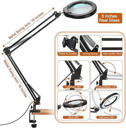 VEEMAGNI 5 Inch Large Magnifying Glass with Light and Stand, 5 Color Modes Stepless Dimmable, 2*16 Inch Swivel Arm LED Clamp Desk Lamp, Hands Free 10X Lighted Magnifier for Close Work Crafts Soldering