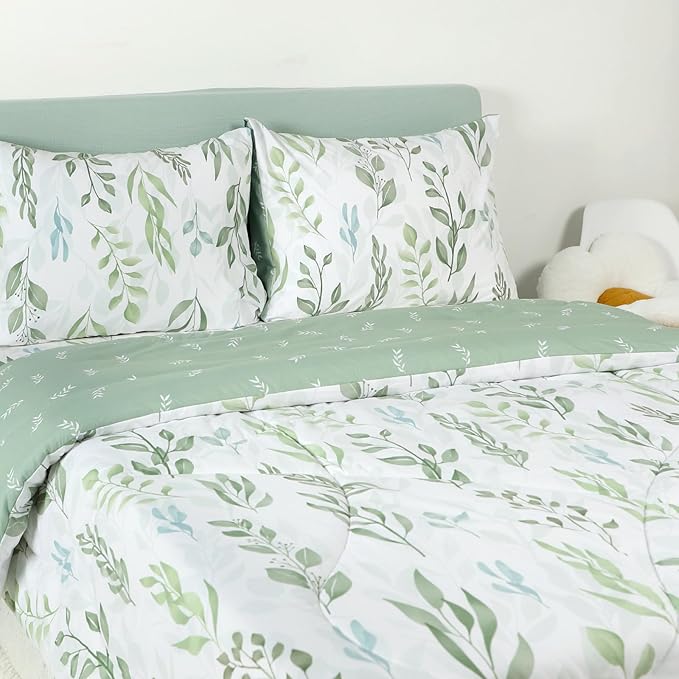 DILIMI Queen Comforter set, 3 Pieces Queen Size Comforter Sets, Reversible Green Comforter Queen, Ultra Soft and Fluffy Bedding Comforter Sets with Comforter, 2 Pillowcase