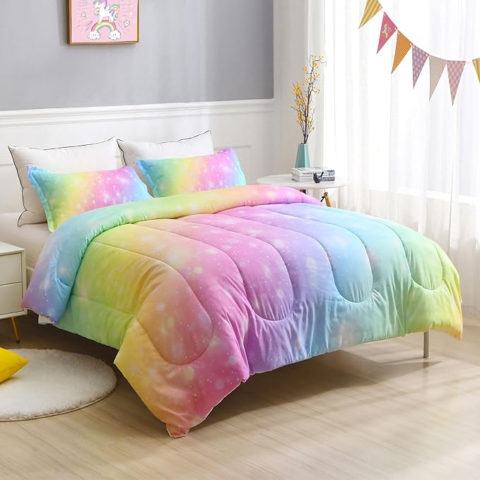 Girls Unicorn Bedding Set 3 Piece Rainbow Comforter Set for Teen Girls Adults with Sparkle Stars Soft Bedding Sets Machine Washable, Multi, Twin