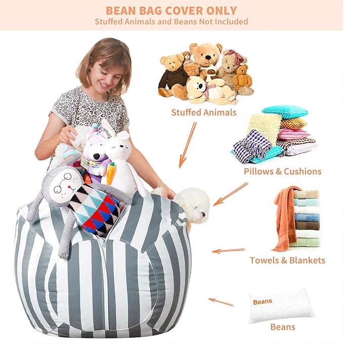 Aubliss Stuffed Animal Bean Bag Storage Chair, Beanbag Covers Only for Organizing Plush Toys, Turns into Bean Bag Seat for Kids When Filled, Large 38"-Canvas Stripes Grey/White