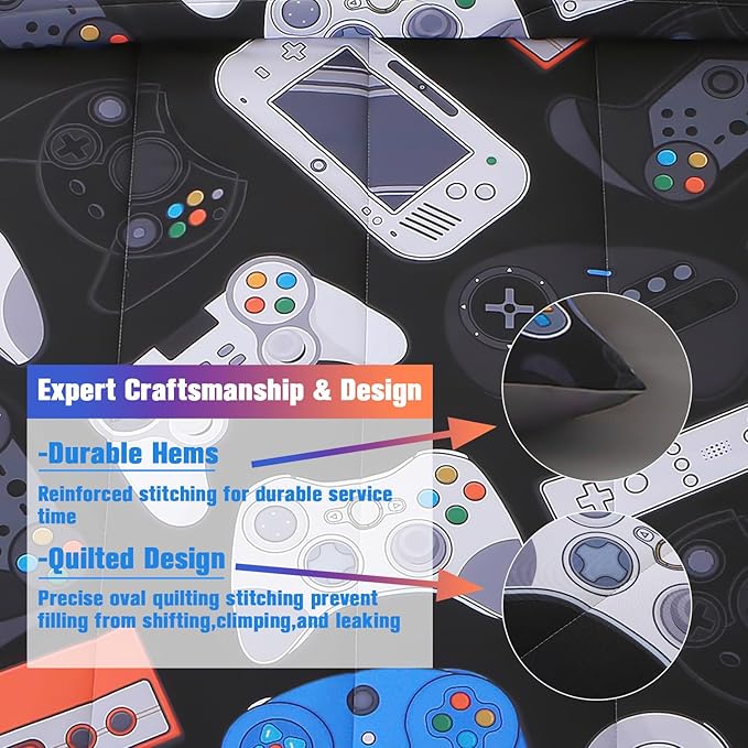 JQinHome Twin Gamer Comforter Set for Boys,6 Piece Bed in A Bag 3D Video Game Bedding -All Season Soft Microfiber Down Alternative Comforter Gamer Bedding Sets for Kids