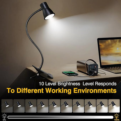 Clip on Light Reading for Bed LED Desk Lights 3 Color Modes 10 Brightness USB Lamp Eye Care 360° Flexible Gooseneck Dimmable for Headboard Computer Read Books Task Lamps with Adapter Bookmark(Black)