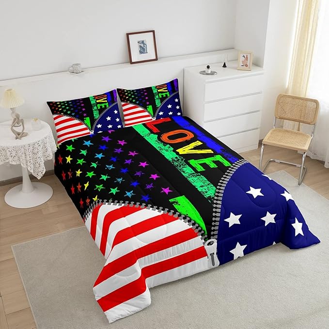 Erosebridal American Flag Comforter Set Rainbow Pride Bedding Set Queen Size for Kids Boys Teens Bedroom,USA Federations Stars Stripes Down Comforter Unique Zipper Design Quilted Duvet, Colorful