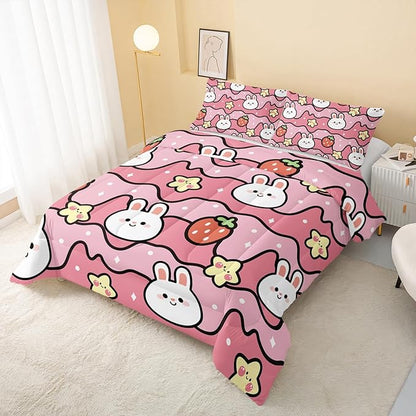 Kawaii Rabbit Comforter,Strawberry Rabbit Comforter Set for Kids Teens Girls,3Pcs Bedding Set Printed Comforter with 2 Pillowcases,Down Alternative,Soft and Lightweight(Pink，Full Size)