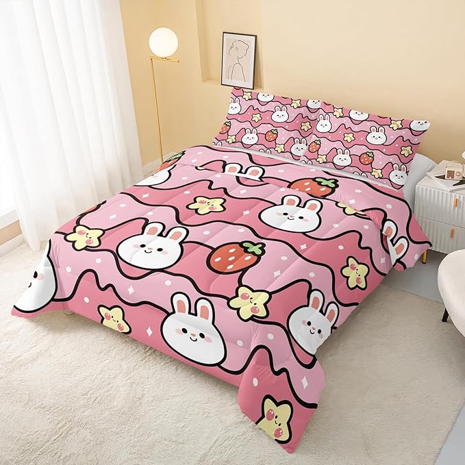 Kawaii Rabbit Comforter,Strawberry Rabbit Comforter Set for Kids Teens Girls,3Pcs Bedding Set Printed Comforter with 2 Pillowcases,Down Alternative,Soft and Lightweight(Pink，Queen Size)