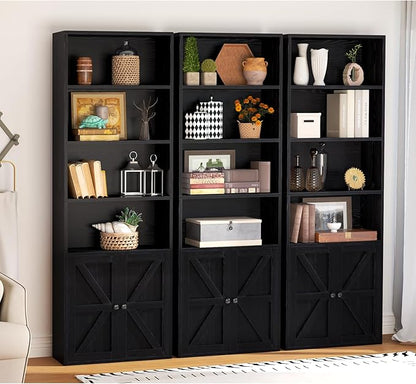 oneinmil 6 Tier Bookshelf and Bookcase, Wooden Bookshelves with Cabinet Doors, Floor Bookshelves and Office Storage Cabinets for Home Office, Living Room,Black