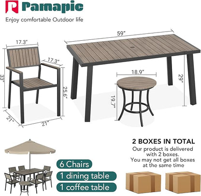 Pamapic 8-Piece Patio Dining Set，Outdoor Aluminum Furniture Set with Plastic-Wood Table Top,Outdoor Furniture Set with 6 Outdoor Stackable Chairs for Patio Garden Poolside (Black)