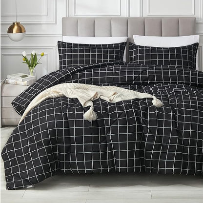 Andency Black Grid Comforter Set Full Size (79x90 Inch), 3 Pieces(1 Grid Comforter and 2 Pillowcases), Summer Lightweight Microfiber Down Alternative Black Comforter with White Lines