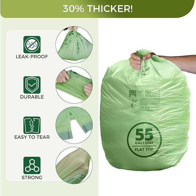 50-55 Gallon Compostable Trash Bags with Flat-Top, Heavy Duty Extra Thick 1.57 Mil, 208.2 Liter, 12 Bags, Large Lawn and Yard Waste Bag, ASTM D6400, US BPI and OK Compost Home Certified
