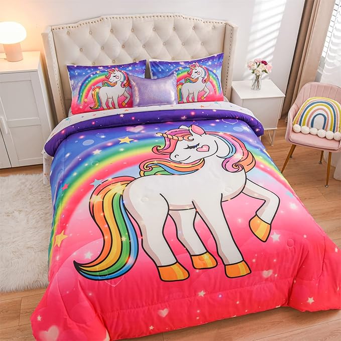Aimuan Girls Unicorn Comforter Set 3 Pieces Pink Purple Bedding Set with Rainbow Star Galaxy Stars Fantasy Children Room Decor Soft Reversible Bed Sets for Boys/Girls/Teens (Pink-Purple Twin3Pcs)