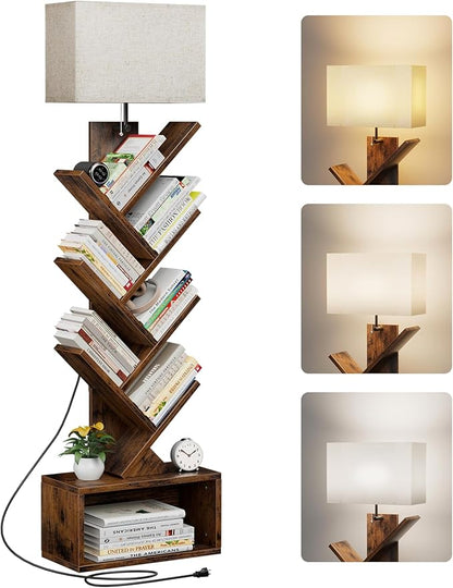 6 Tier Tree Bookshelf with Light, Small Bookcase Tower for Books/CDs/Movies, Sturdy Tall Floor Standing Book Organizer with Storage Cabinet for Living Room, Bedroom and Home Office
