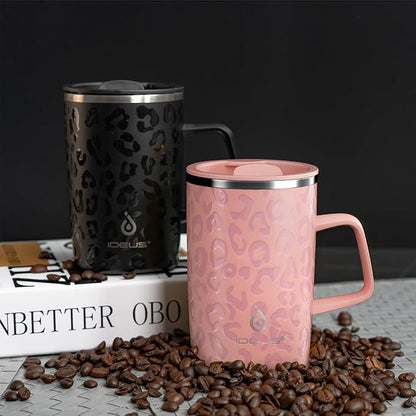 Ideus 16 oz Insulated Stainless Steel Coffee Mug with Lid, Leopard Pink | Perfect for home, office, or daily use| Easy to clean wide mouth| Sweat-proof| On the go