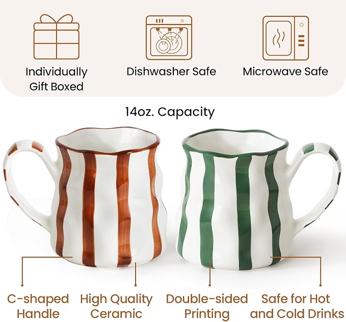 Ceramic Coffee Mugs Set of 2,Ceramic Mugs(Striped),Cute Mugs For Women,14 oz Large Coffee Mugs, Dishwasher Microwave Safe