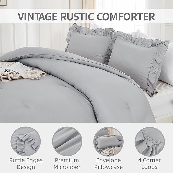 Andency Silver Gray Comforter Set California King Size, 3 Pieces Vintage Shabby Ruffle Bedding Comforter Sets for Cal King Bed, Lightweight Fluffy Soft Microfiber Farmhouse Comforter Set
