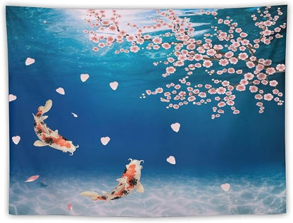 Japanese Koi Fish Tapestry, Cherry Blossoms Asian Oriental Blue Floral Branch Koi Fish Carp Tapestries Wall Hanging for Bedroom Living Room Office Decor 80"x60"