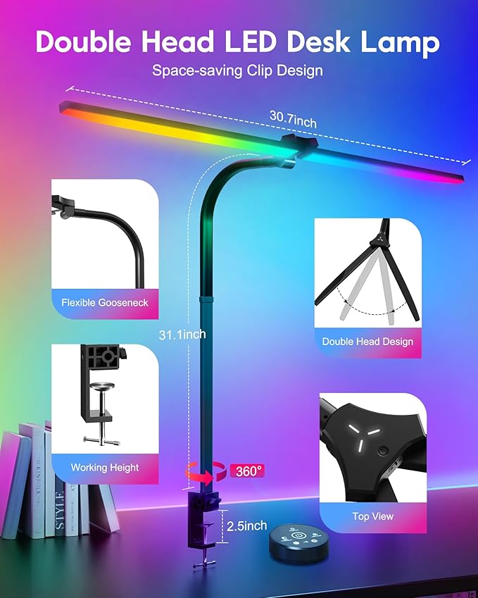 Brightown LED Desk Lamp with Clamp for Home Office, Double Head Color Changing Desk Lights with Remote, 24W Ultra Bright Multicolor Table Lamp with Rotatable Swing Arms for Gaming Computer, RGB Mode