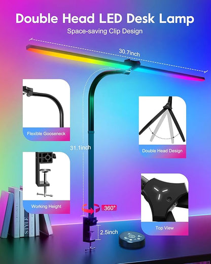 Brightown LED Desk Lamp with Clamp for Home Office, Double Head Color Changing Desk Lights with Remote, 24W Ultra Bright Multicolor Table Lamp with Rotatable Swing Arms for Gaming Computer, RGB Mode