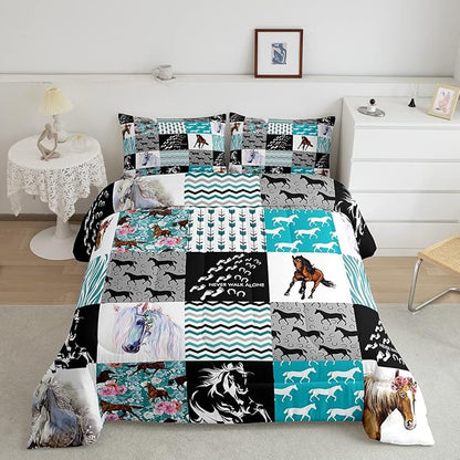 Horse Bedding,Western Farmhouse Horse Comforter Set for Girls King Bed,Boho Arrow Teal Zebra Stripe Comforter for Kids Boys Women,Rose Flower Rustic Cowboy Quilt Duvet Sets 1 Pillowcases Black White