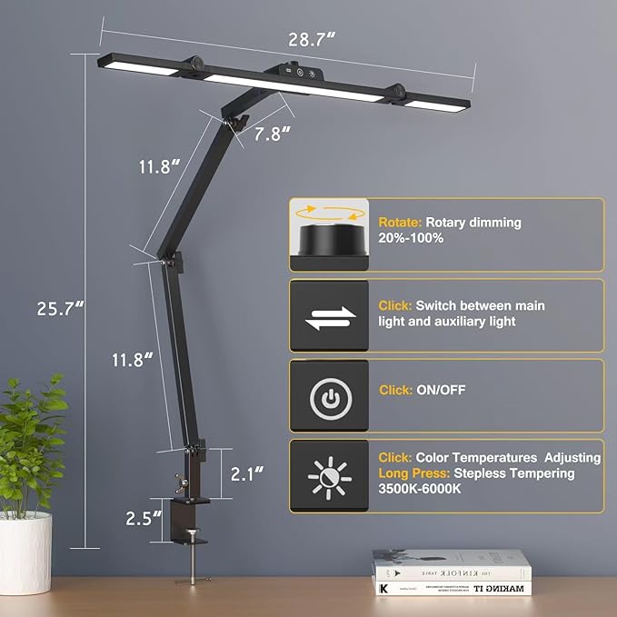 Led Desk Lamp for Office Home, Architect Desk Lamp with Clamp, Ultra Bright Dimmable Table Light, Stepless Dimming and Tempering Desk Light for Workbench Drafting Reading Study (Black)
