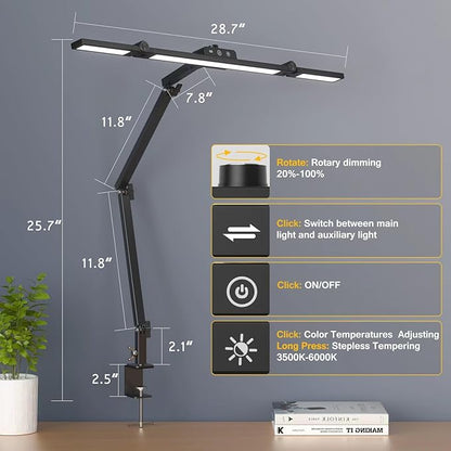 Led Desk Lamp for Office Home, Architect Desk Lamp with Clamp, Ultra Bright Dimmable Table Light, Stepless Dimming and Tempering Desk Light for Workbench Drafting Reading Study (Black)