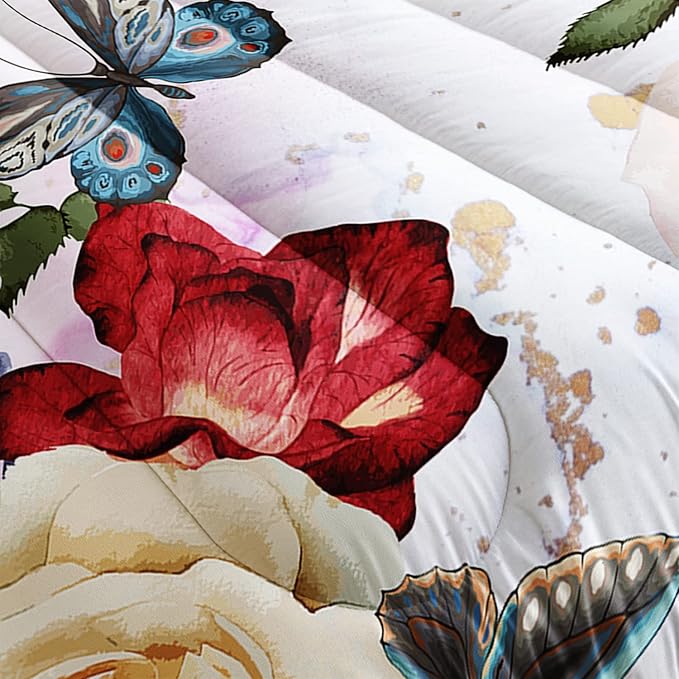 Butterfly Comforter Set for Girls Kids Adults Watercolor Butterfly Rose Bedding Set Aesthetics Butterflies Quilt Duvet Set Full Size with 1 Comforter and 2 Pillowcases