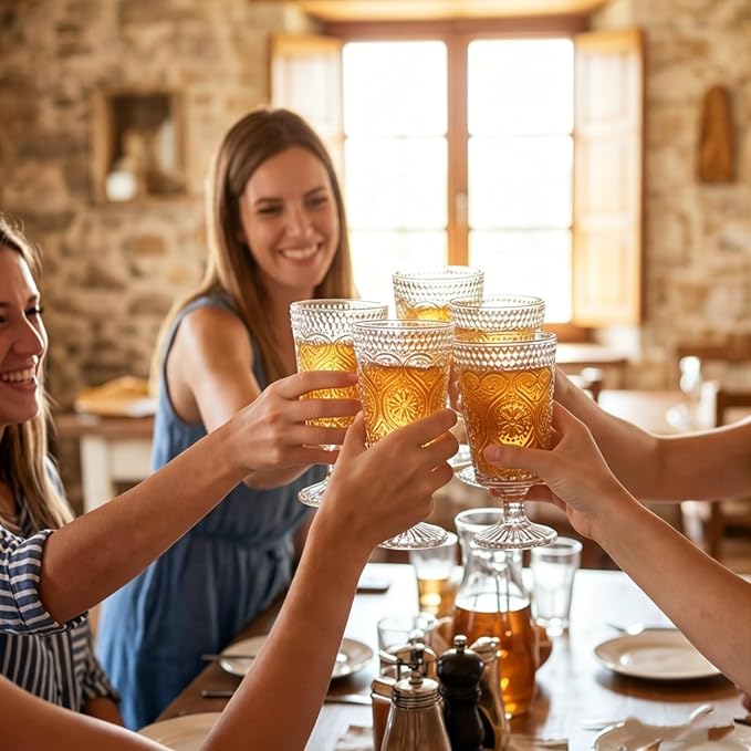 ZAVOOS Set of 6 Clear Glass Goblet, 12 Oz Vintage Romantic Wine Glasses | Embossed Floral Glass Cups Set, Bar Tumbler Drinking Glassware for Iced Tea, Wine, Beer, Juice, Cocktail, Whiskey
