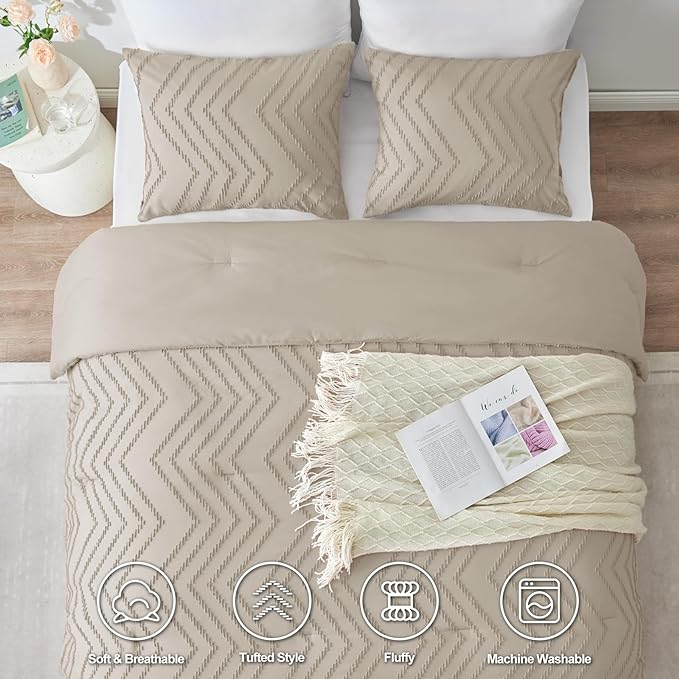 CozyLux Queen Comforter Set Beige - 3 Pieces Boho Tufted Shabby Chic Bedding Comforter Set for All Seasons, Chevron Bedding Sets with Comforter & 2 Pillow Shams