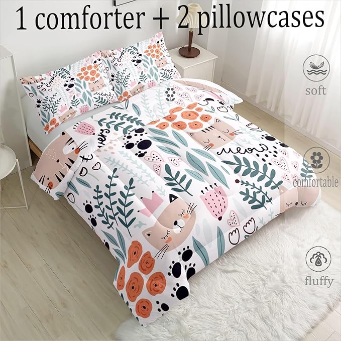 CVHOUSE Cat Bedding,Cartoon Cat Comforter Queen,Animals Print Comforter Set for Kids,Kawaii Quilt Set with 1 Comforter and 2 Pillow Cases