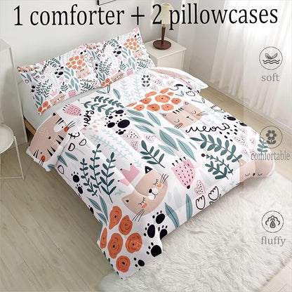CVHOUSE Cat Bedding,Cartoon Cat Comforter Queen,Animals Print Comforter Set for Kids,Kawaii Quilt Set with 1 Comforter and 2 Pillow Cases