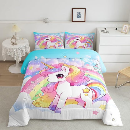 Manfei Cute Unicorn Kids Comforter Set Queen Size,Rainbow Stars Cloud Dreamy Bedding Set,Girls Women Room Decor,Cartoon Animals Castle Girly Down Comforter,Pink Blue Unique Duvet Insert,2 Pillowcases
