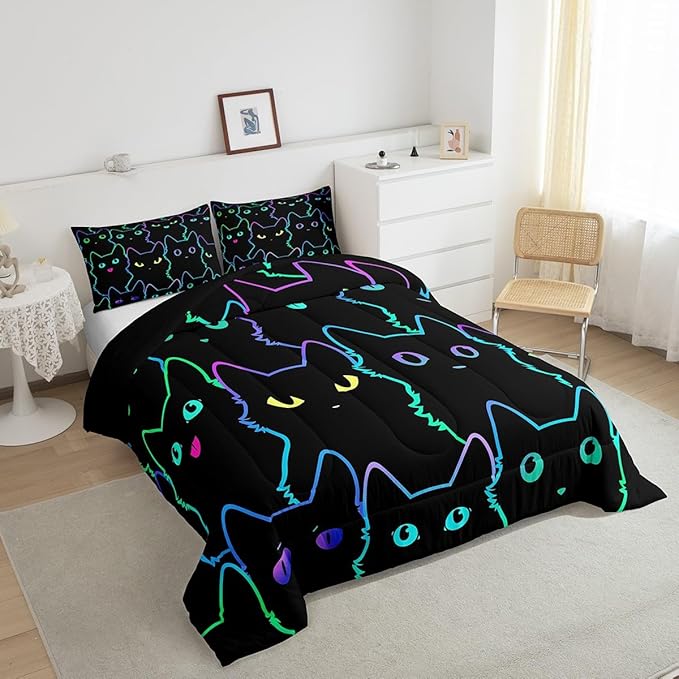 Erosebridal Kids Bedding Cartoon Cat Comforter Set Twin Size,Gradient Line Cute Cat Bedding Set for Teens Boys Girls Adults Room Decor,Lovely Animal Kitten Print Comforter All Season,Rainbow Black