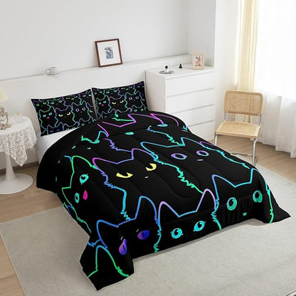 Erosebridal Girls Bedding Cartoon Cat Comforter Set Queen Size,Gradient Line Cute Cat Bedding Set for Kids Teens Boys Young Man Room Decor,Lovely Animal Kitten Print Comforter All Season,Rainbow Black