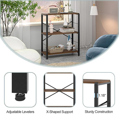FOLUBAN Small Bookshelf, 3 Tier Rustic Book Shelf with Storage, Industrial Low Short Bookcases for Office, Bedroom and Living Room, Rustic Walnut