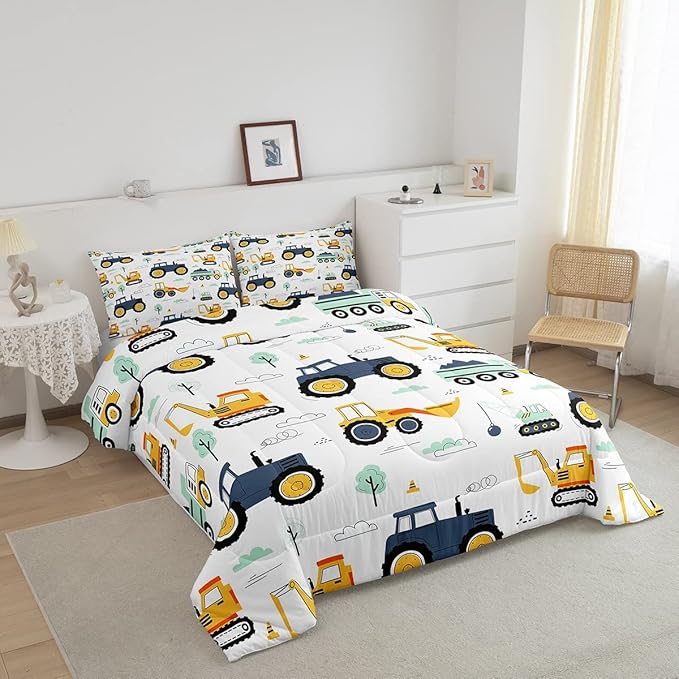 Boys Cartoon Car Bedding Set King, Excavator Tractor Comforter Set for Kids Teens, Equipment Trucks Quilted Duvet, Heavy Machinery Construction Bedding Comforter Sets with 2 Pillowcases Bedroom Decor