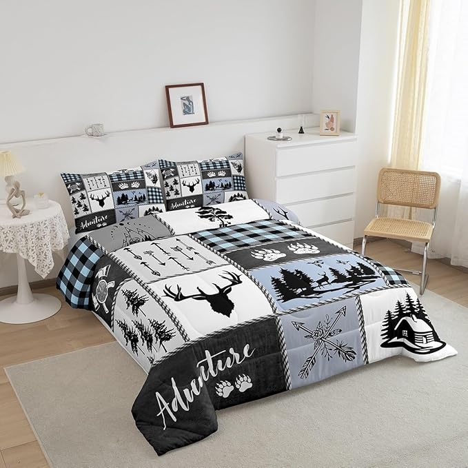 Deer Bear Kids Comforter Set Full Size,Hunting Adventure Rustic Farmhouse Bedding Set for Boys Girls Adults Room Decor,Geometric Plaid Patchwork Down Comforter,Blue Xmas Duvet Insert,2 Pillowcases