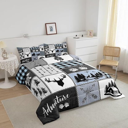 Deer Bear Kids Comforter Set Full Size,Hunting Adventure Rustic Farmhouse Bedding Set for Boys Girls Adults Room Decor,Geometric Plaid Patchwork Down Comforter,Blue Xmas Duvet Insert,2 Pillowcases