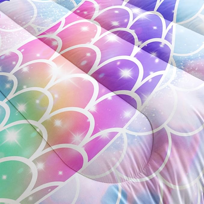 Datura home Bedding Comforter Set Rainbow Purple Mermaid Tail Printed Comforter Set with 1 Comforter and 2 Pillowcases for Girls Bedroom All Season(Rainbow Purple Full)