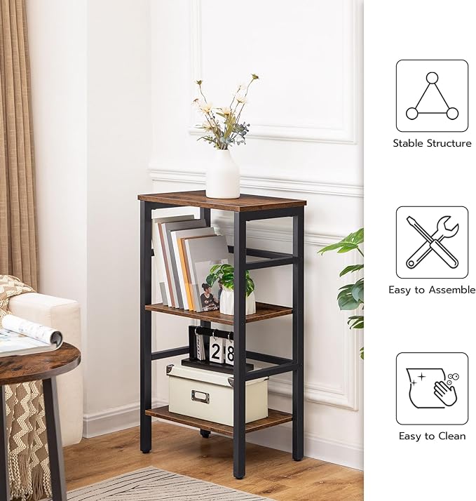 HOOBRO 3 Tier Bookshelf, Narrow Bookshelf, Record Storage Rack with Side Fence, Wooden Free-Standing Shelf Units, Narrow Display Shelf for Living Room, Bedroom, Classroom, Rustic Brown BF80CJ01