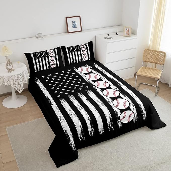 Feelyou Baseball Comforter American Flag Comforter Set Kids Boys Baseball Sports Games Bedding Set Children Girls Teens Black and White Ball Microfiber Quilt Set Room Decor for All Season Queen Size