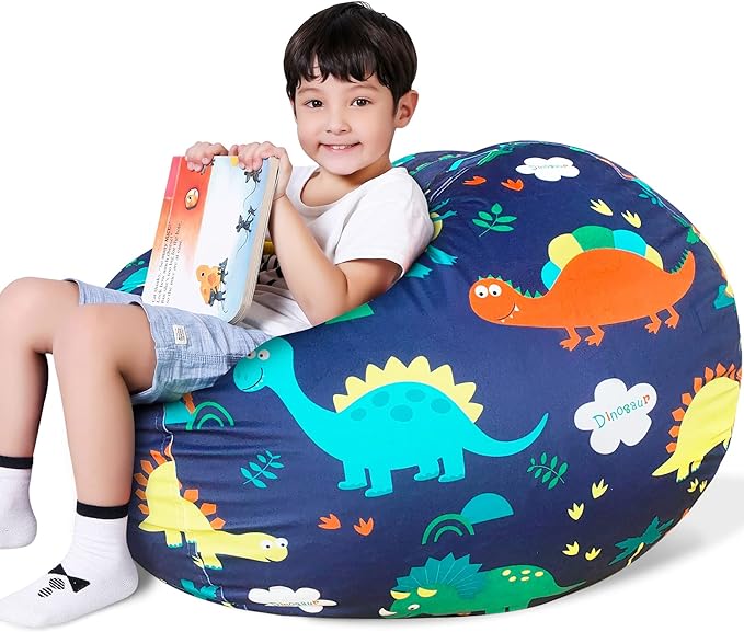 Lukeight Stuffed Animal Storage Bean Bag Chair Cover for Kids, Dinosaur Zipper Beanbag Chair Cover for Organizing Toddler & Kids' Rooms Plush Toys (Dinosaur Navy, Large)