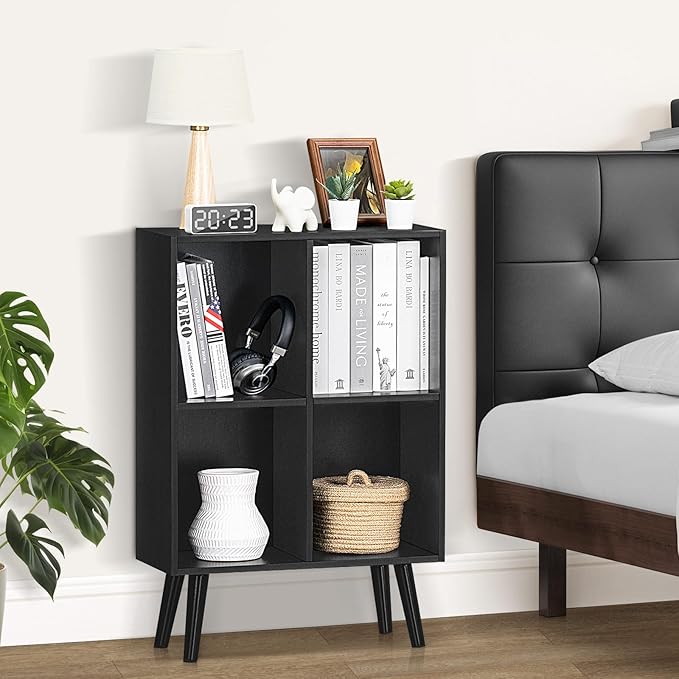 YAHARBO 4 Cube Black Bookshelf, Small Black Narrow Book shelf, 3 Tier Modern Bookcase with Legs,Bookshelves Wood Storage Shelf, Rustic Book Shelves Cube Organizer, Display Bookcase