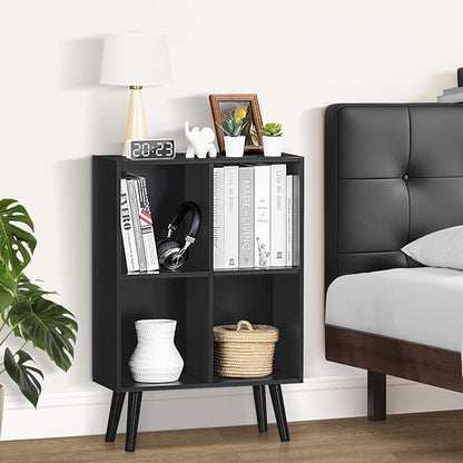 YAHARBO 4 Cube Black Bookshelf, Small Black Narrow Book shelf, 3 Tier Modern Bookcase with Legs,Bookshelves Wood Storage Shelf, Rustic Book Shelves Cube Organizer, Display Bookcase
