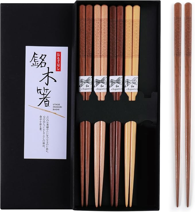 Reusable Chopsticks，GLAMFIELDS Japanese Natural Wooden 5 Pairs Hand-Carved Classic Style Lightweight Safe Chop Sticks 8.8 Inch/22.5cm Gift Set