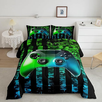 Gamer Comforter Set Queen Kids Boys Teens Usa Flag Stars Down Comforter Gaming Comforter Gamer Room Decor Camo Video Game Bedding Set, Gamepad Console Duvet, Youth Young Man Quilt, Grunge Style