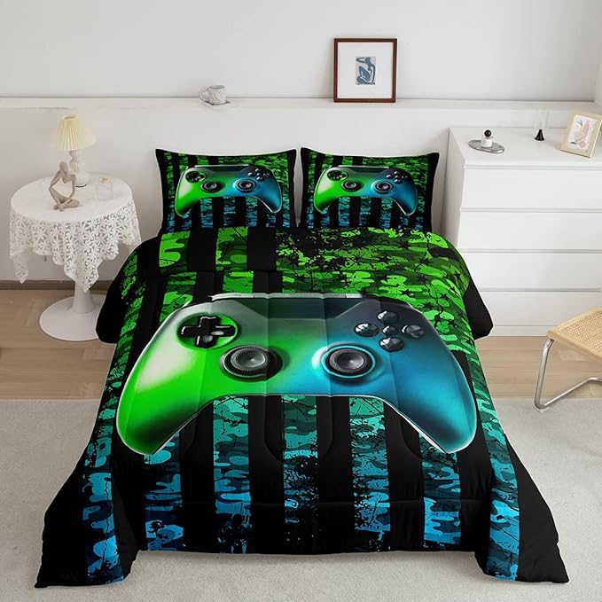Gaming Comforter Set Full Size For Boys Kids Game Room Decor United States Bedding Set Video Game Gamer Down Comforter Camouflage Stripes Teens Bedroom Decor Gamepad Bedding Set With 2 Pillow Cases