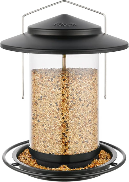 iBorn Metal Bird Feeders for Outdoors Hanging,Wild Bird Feeders for Cardinal,18cm Large Roof&Tray Black 6 Port (Seed is not Included)