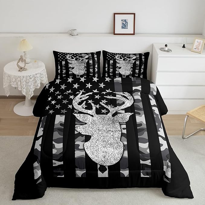 American Flag Bedding Set Deer Camo Comforter Set Twin For Kids Boys Teen Man,Western Rustic Black Grey Military Camouflage Bedding Comforters Hunting Deer Antlers Quilt Duvet For All Season 2 Pcs