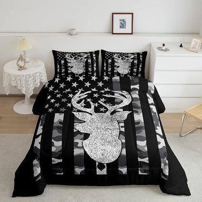 American Flag Bedding Set Deer Camo Comforter Set Twin For Kids Boys Teen Man,Western Rustic Black Grey Military Camouflage Bedding Comforters Hunting Deer Antlers Quilt Duvet For All Season 2 Pcs