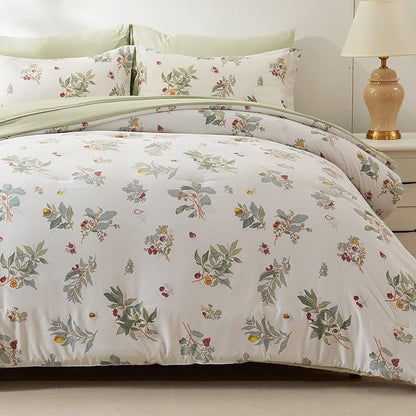 EMME Queen Comforter Set - Sage Green Floral Bedding Set 7 PCS with Flowers Leaves Pattern, Soft Plant Printed Botanical Bed Set with Sheets, Fluffy Bed Bag for All Season(90"X90")